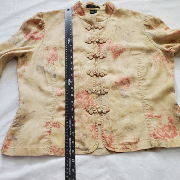Vintage Ralph Lauren Linen Floral Print Jacket 3/4 Sleeves Frog Button Sz XL - Picture 8 of 9